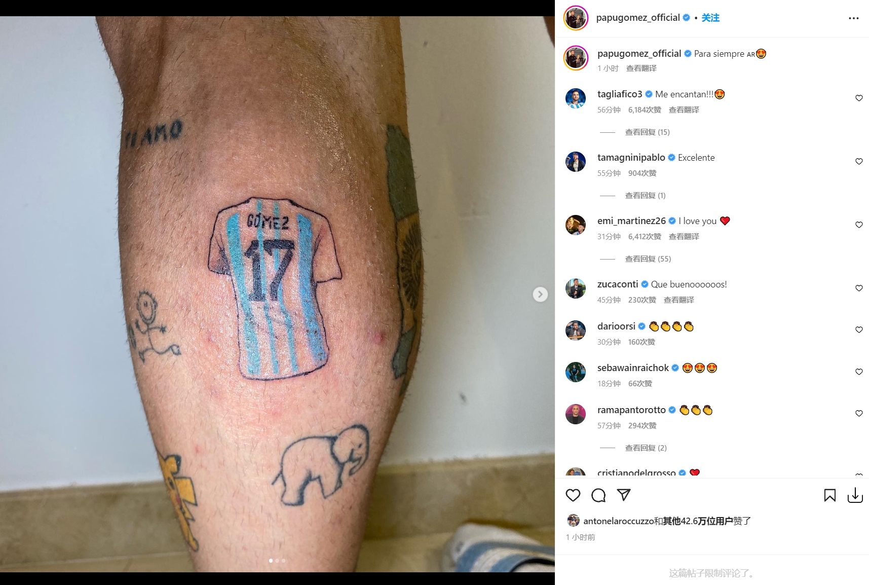 戈麦斯晒新纹身：世界杯冠军+17号阿根廷球衣+大马丁神扑_图片